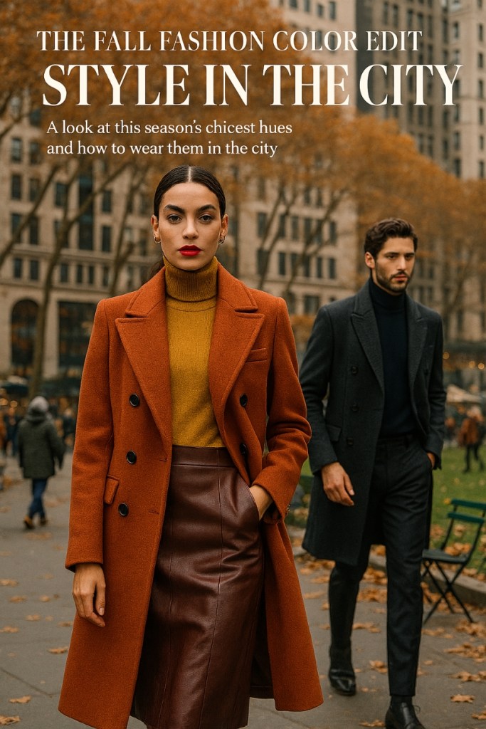 A stylish woman in an orange coat and mustard top walks through a city park, accompanied by a man in a dark coat, surrounded by autumn trees.