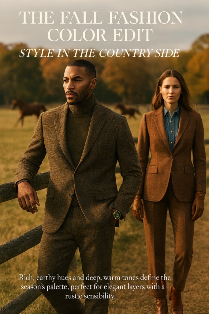 A man in a stylish brown suit and a woman in a tailored brown outfit pose outdoors, surrounded by a rural autumn landscape. The scene highlights rich, earthy hues and warm tones, illustrating the fall fashion color palette.